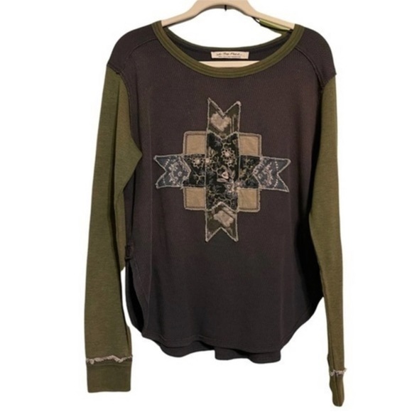 EUC Free People LoneStar Patchwork Thermal Waffle Knit Top Charcoal Small - Picture 11 of 12